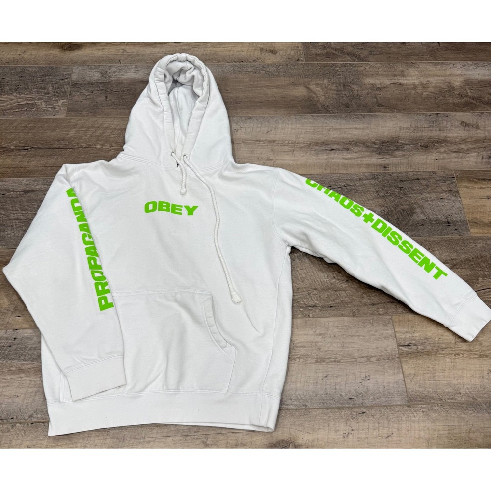 Obey Propaganda Chaos Dissent Hoodie Mens Small White Neon Green Graphic